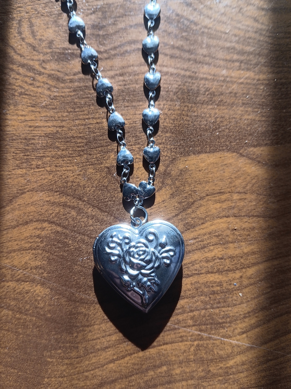 Silver Heart Locket Necklace with Rose Motif - Women Jewelry